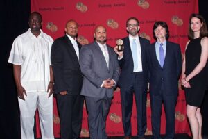 Yusef Salaam, Kevin Richardson, Raymond Santana, David McMahon, Ken Burns and Stephanie Jenkins with the Peabody Award for "The Central Park Five" documentary. Photo Credit: Creative Commons Attribution 2.0